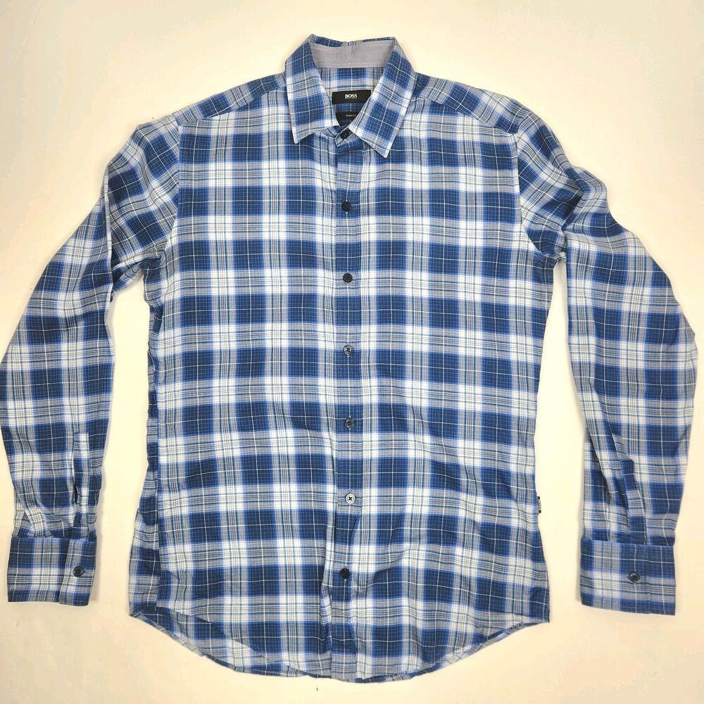 BOSS Hugo Boss Mens Slim Fit Long Sleeve Plaid Cotton Button Down Shirt S